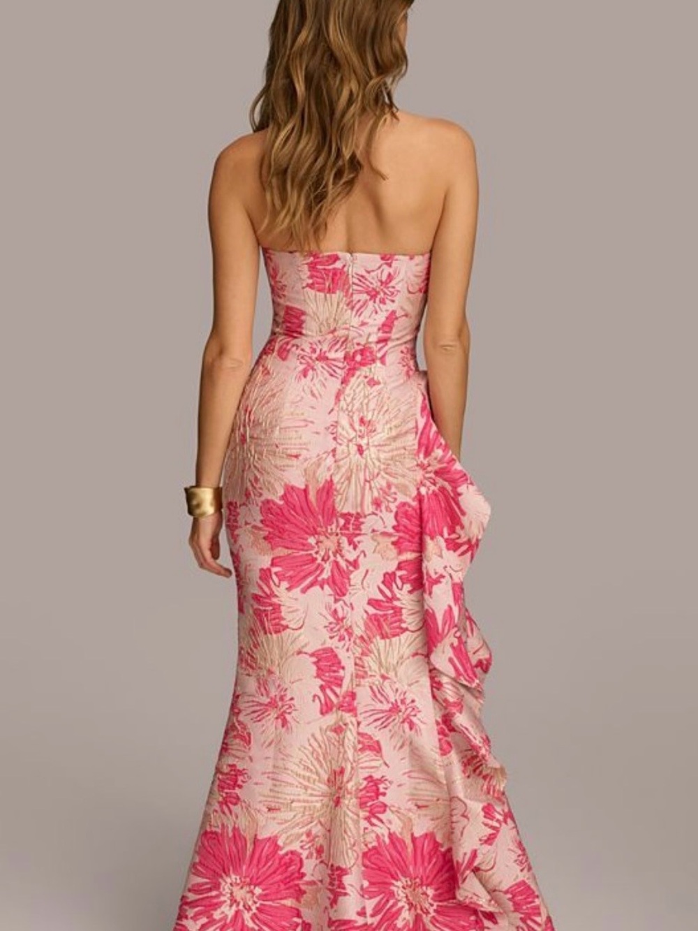 Donna Karan NWT Size 8 Pink Brocade Floral Jacquard Maxi Strapless Dress Gown - Picture 2 of 4